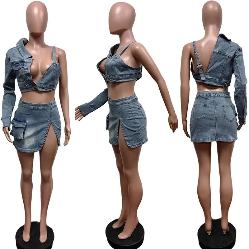 Sexy Club Party Denim Two Piece Set for Women Y2K Clothing Asymmetric One Sleeve Crop Top and Mini Skirt Matching Sets Outfits