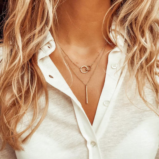 Linked Layered Necklaces Set of 2 Necklaces, Interlocking Necklace, Vertical Bar Necklace, Tiny Gold Necklace Set, Perfect Gift for Her